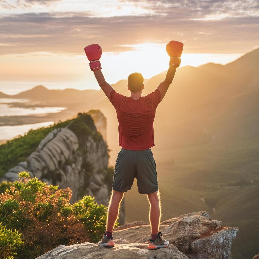 Boxing champ on top of the mountain symbolizing overcoming OCD